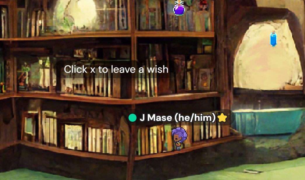 A Library room, with floating potion bottles. A prompt reads "Click x to leave a wish".