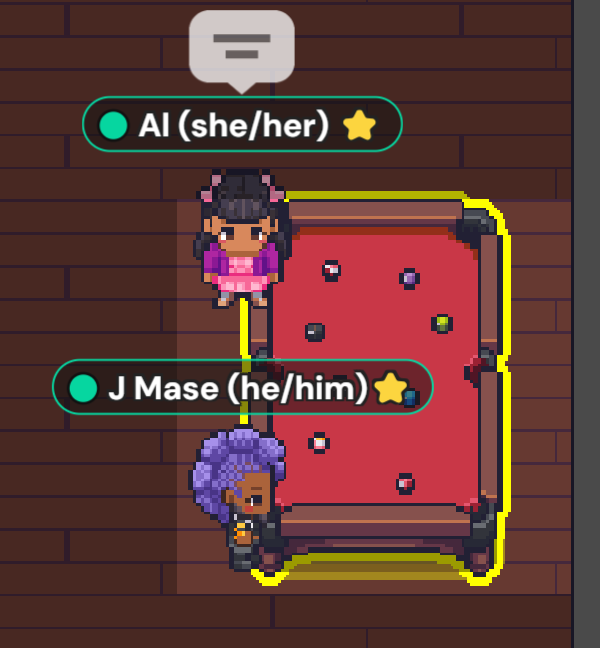 J Mase and Al's avatars talk over a red pool table where J Mase is clearly winning. 