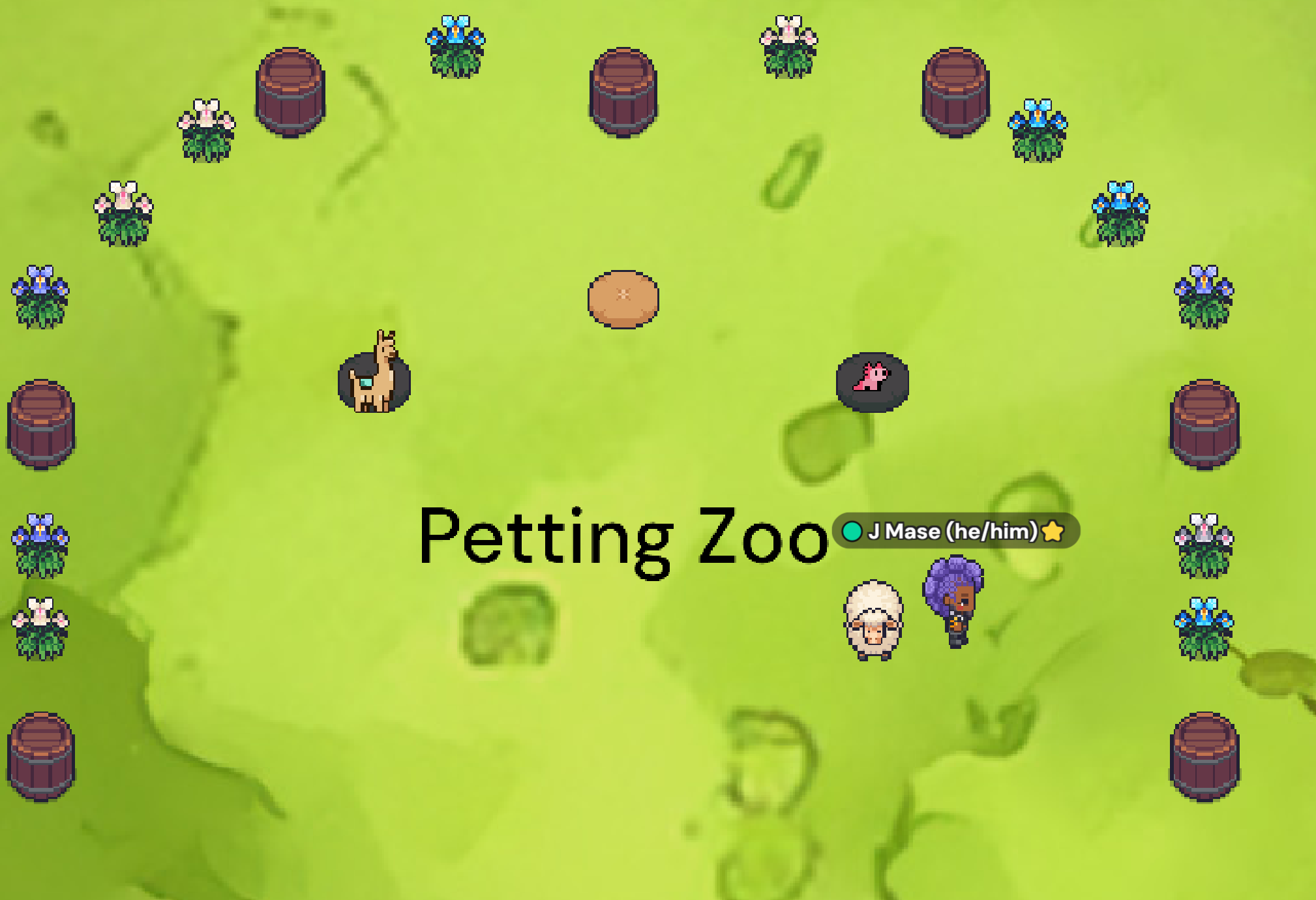 Green grass background, with flowers and pixelated barrel in a semi-circle showing the three animals in the petting zoo.