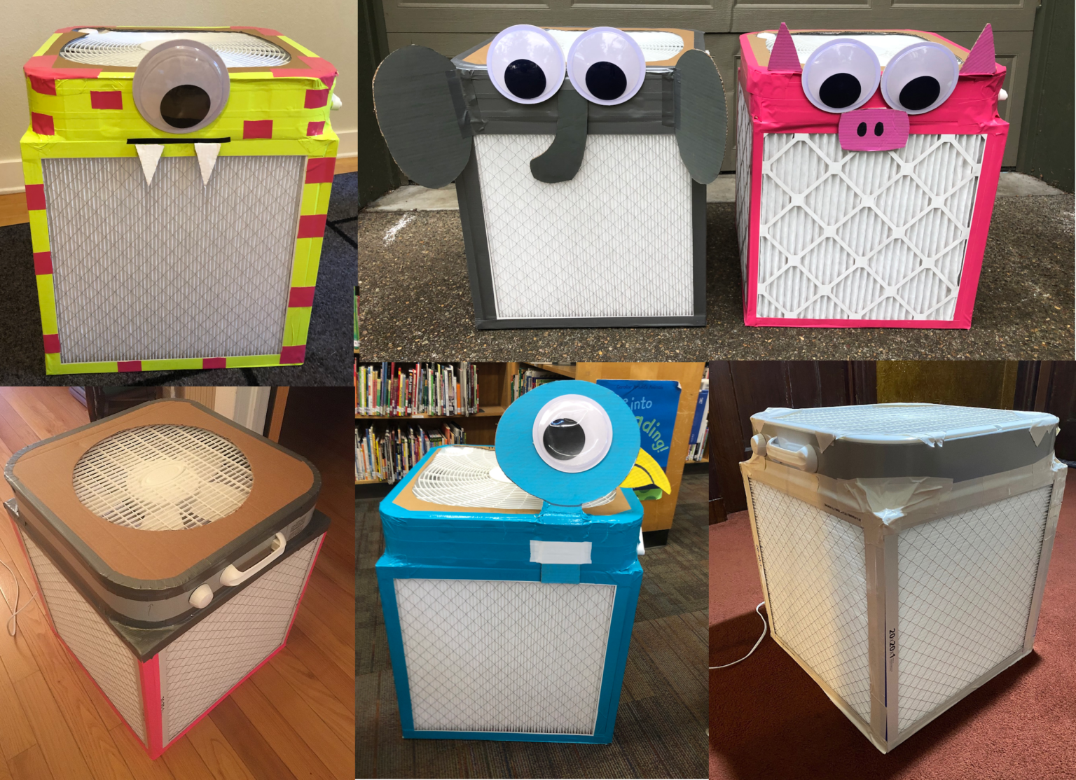 6 Corsi Rosenthal Boxes, decorated with googly eyes, and different colored tape