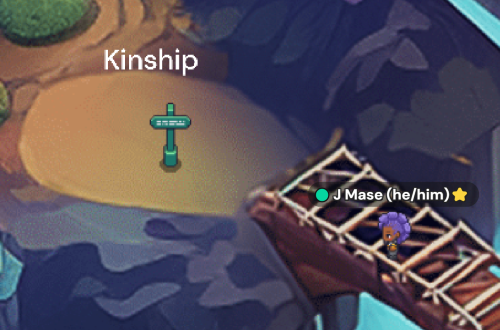 A pixelated wooden green sign is labeled Kinship. To the lower right of the image is a bridge.  