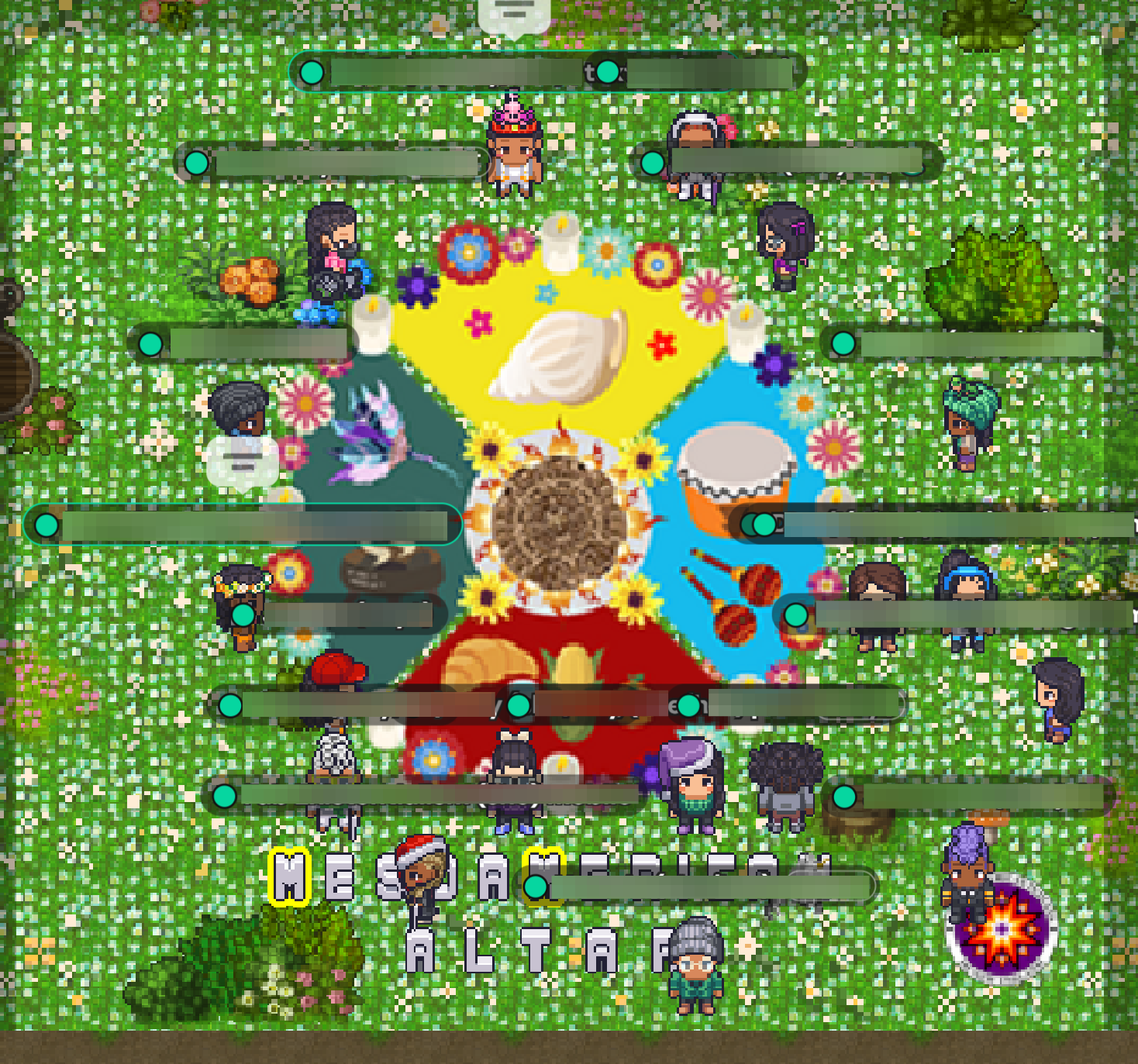 A pixelated Meso American altar features the four directions as garden members gather around.