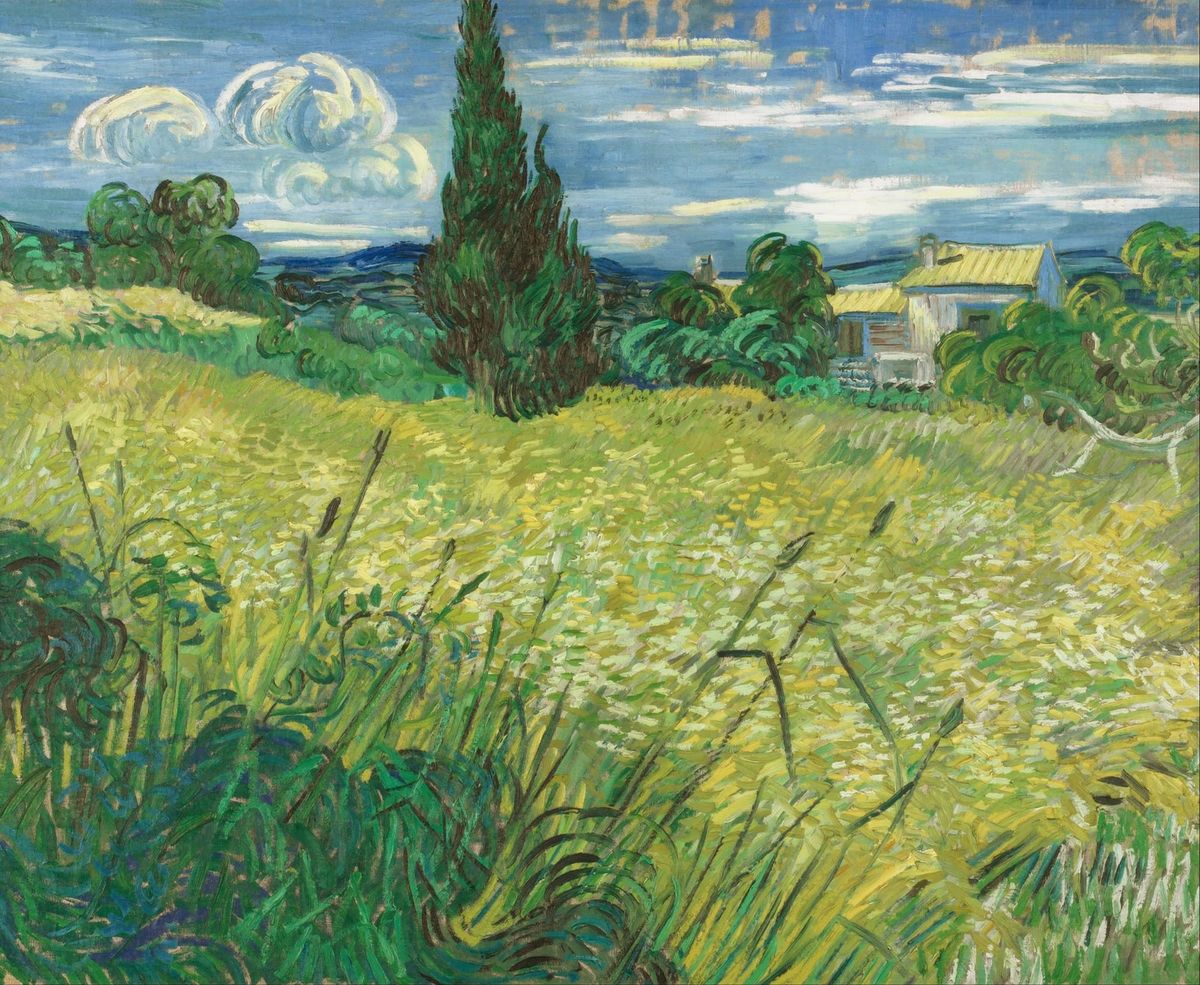 바람에 출렁이는 황금빛 파도와 푸른 영원의 첨탑, 사이프러스가 있는 초록빛 밀밭 Green Wheat Field with Cypress