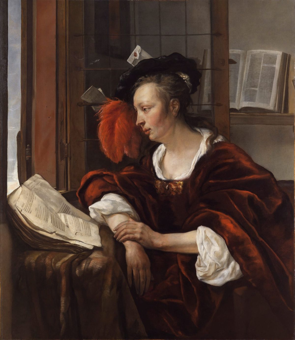 창가에 머문 은은한 햇살과 붉은 깃털 모자의 깊은 사색, 창가에서 책을 읽는 여인 Woman Reading a Book by a Window