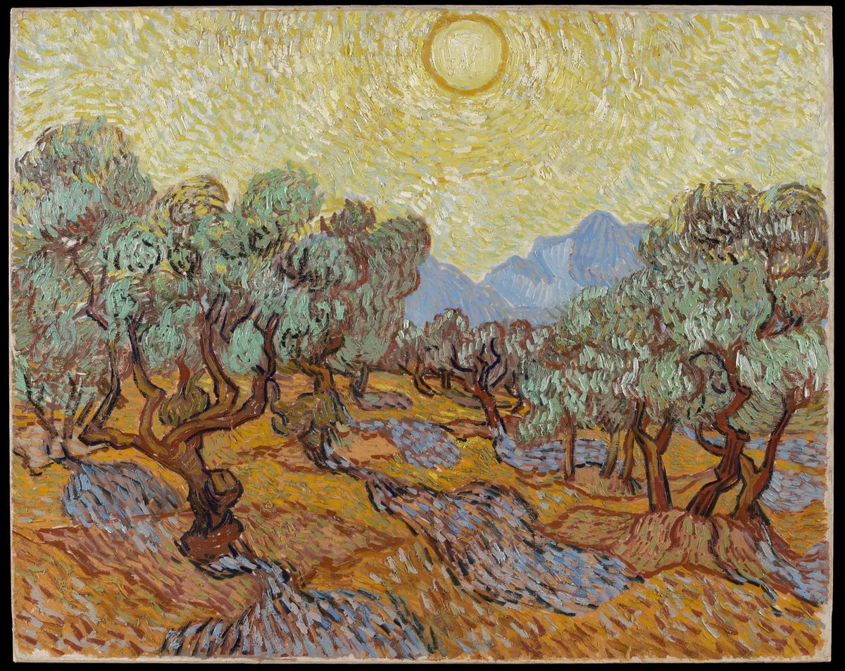 작열하는 태양 아래 꿈틀거리는 생명의 대지, 올리브 나무와 노란 하늘과 태양 Olive Trees with Yellow Sky and Sun