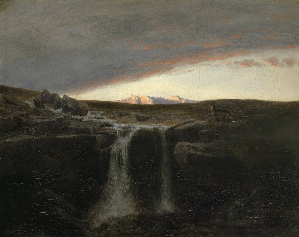 붉게 물든 노을과 쏟아지는 폭포수의 서늘한 침묵, 폭포가 있는 산악 풍경 Mountain Landscape with Waterfall