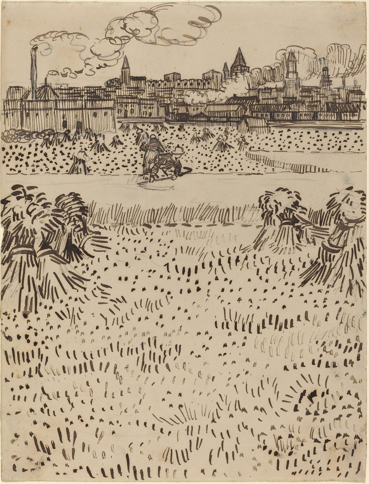 공장 굴뚝의 연기와 황금빛 볏가리의 대조, 아를의 밀밭과 도시 풍경 Wheat Field with Sheaves and Arles in the Background