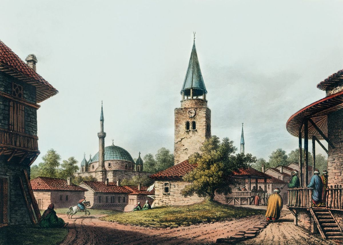 코린토스 근처의 마을과 모스크, 시계탑 전경 (View of a Town near Corinth)