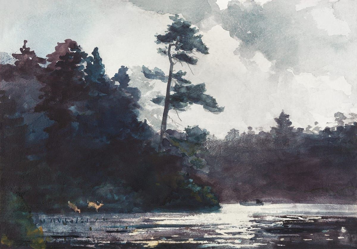호숫가의 사슴과 소나무 (애디론댁의 황혼) - Deer on a Lake Shore / Twilight, Adirondacks