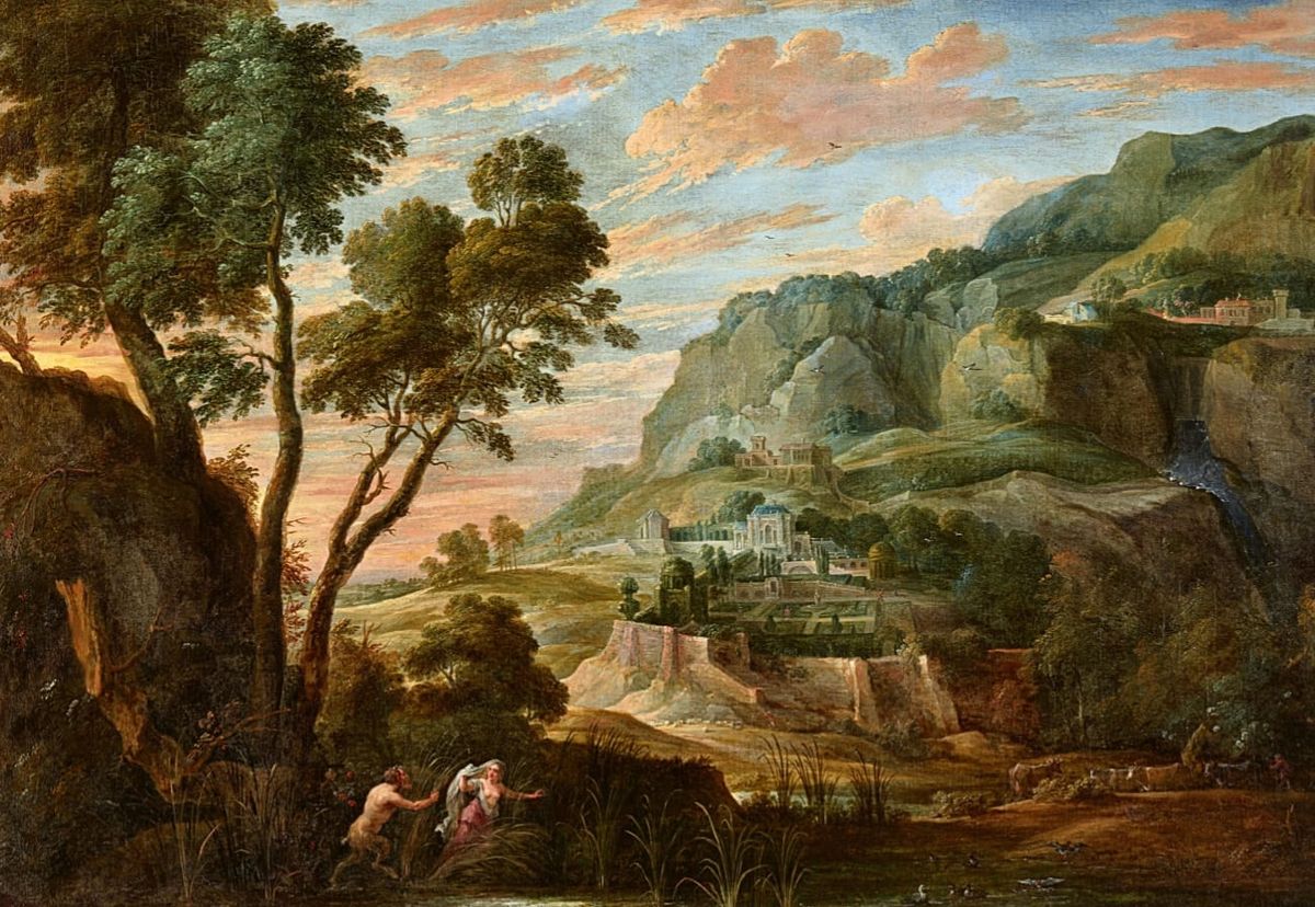 판과 시링크스가 있는 파노라마 산악 풍경 Panoramic Mountain Landscape with Pan and Syrinx