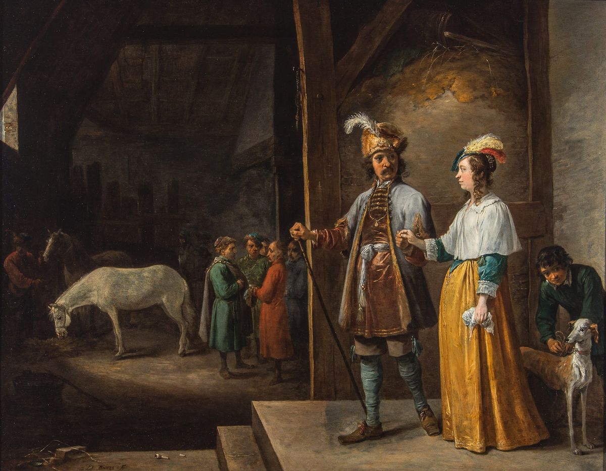 마구간에 들어서는 귀부인과 귀족 신사 A lady and gentleman entering a stable