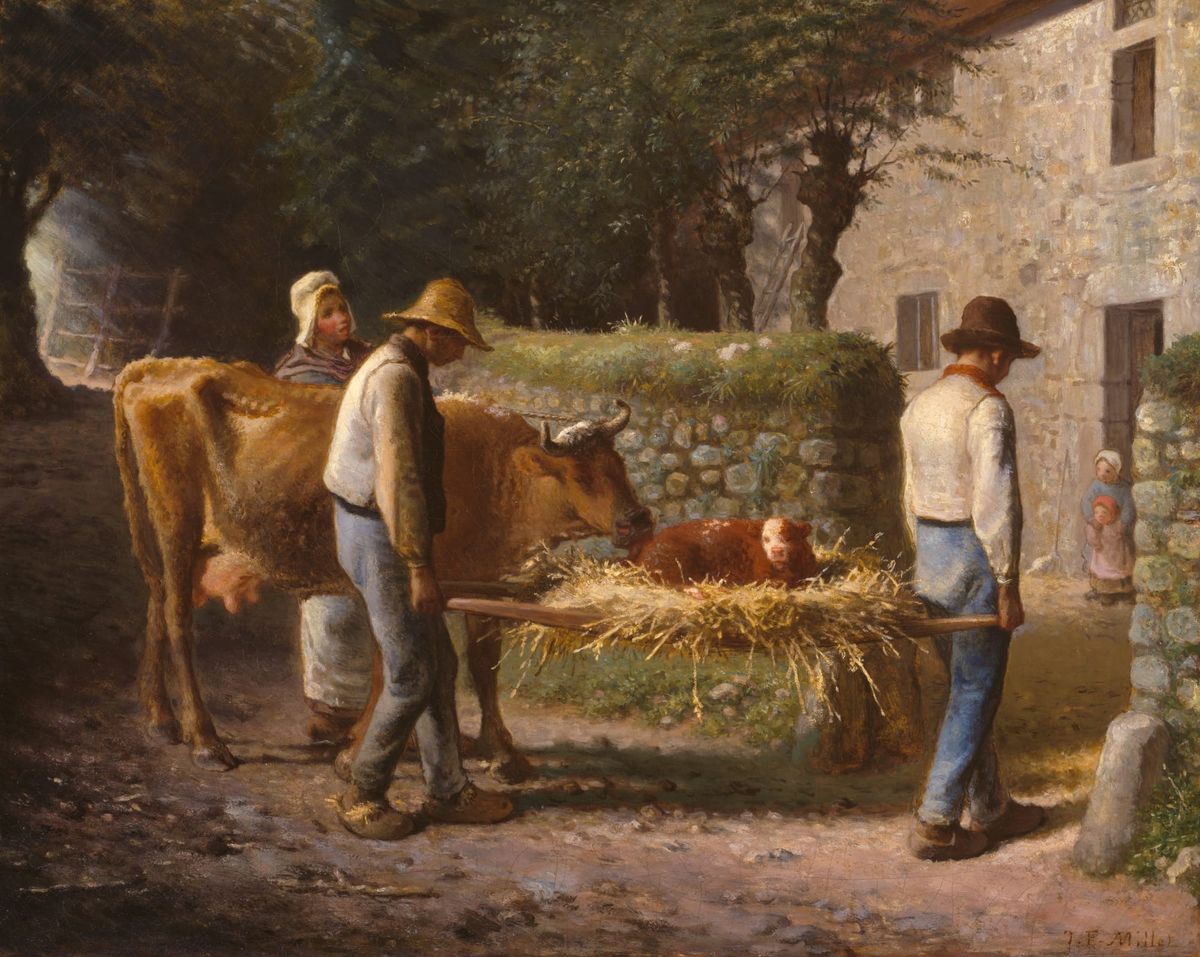 갓 태어난 송아지를 옮기는 농부들 (Paysans portant un veau né dans les champs / Peasants Bringing Home a Calf Born in the Fields, c. 1864)