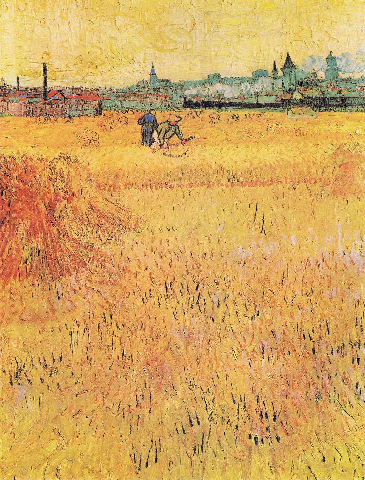 아를 풍경이 보이는 밀밭 - Wheat Field with Sheaves and Arles in the Background