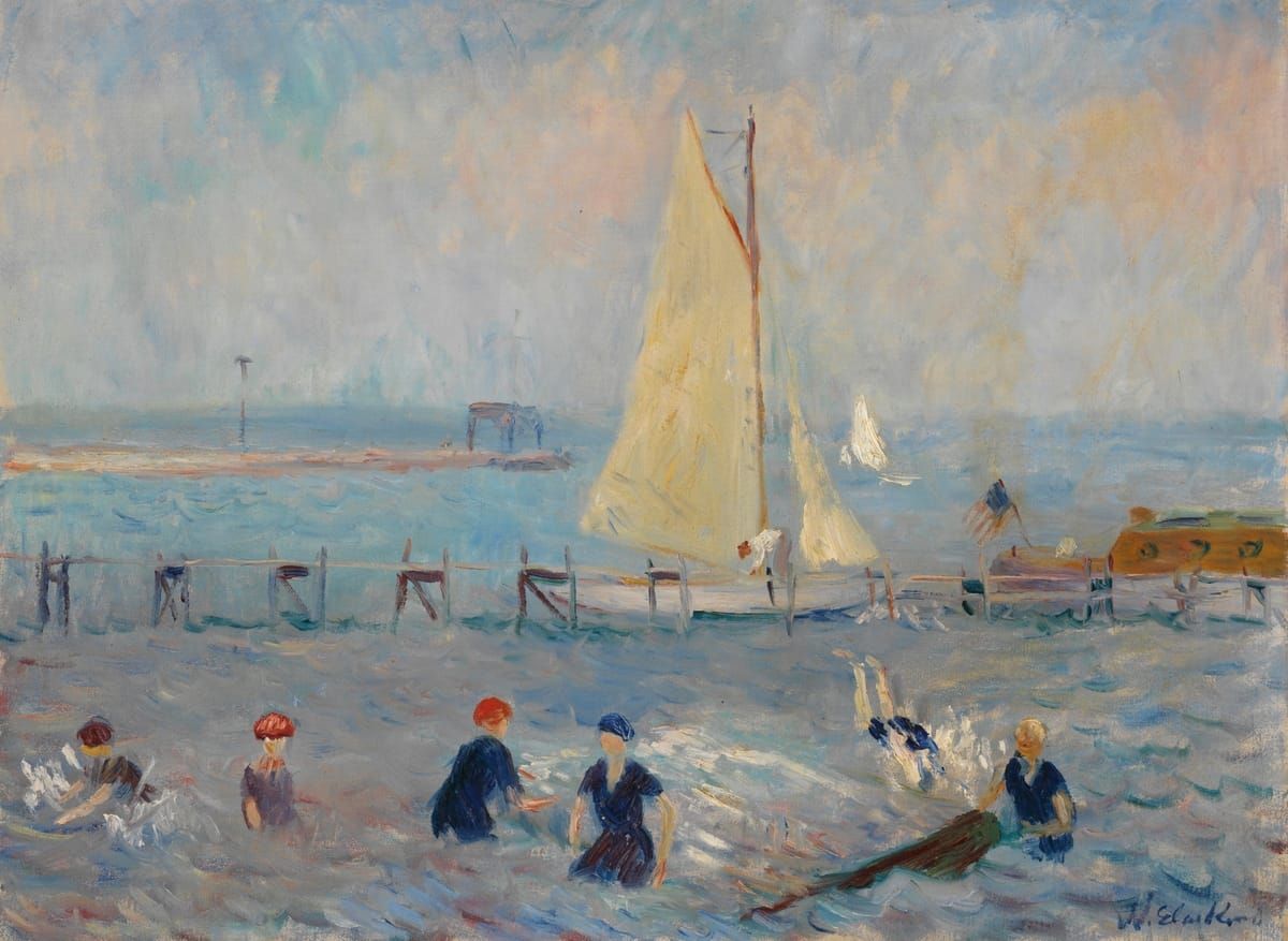 수영객들과 요트, 벨포트 (Bathers and Sailboat, Bellport, c. 1912)