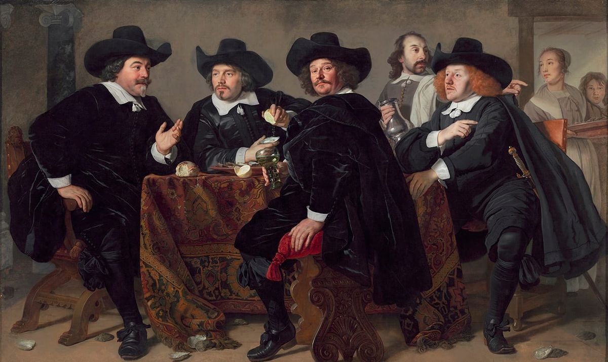 굴을 먹는 암스테르담 클로베니에르스돌런의 네 이사 Four aldermen of the Kloveniersdoelen in Amsterdam eating oysters