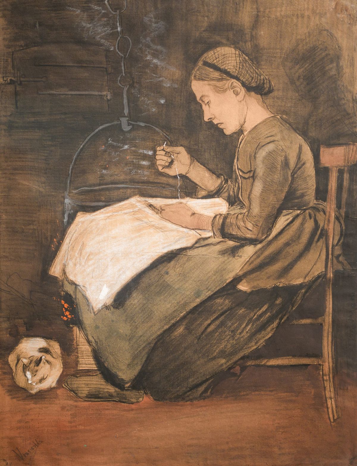바느질하는 시엔과 고양이 Woman sewing and cat