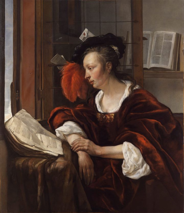 창가에 머문 은은한 햇살과 붉은 깃털 모자의 깊은 사색, 창가에서 책을 읽는 여인 Woman Reading a Book by a Window