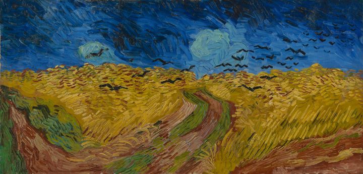 휘몰아치는 먹구름 아래 타오르는 황금빛 고독과 날갯짓, 까마귀가 있는 밀밭 Wheatfield with Crows