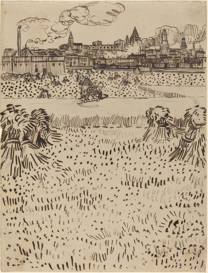공장 굴뚝의 연기와 황금빛 볏가리의 대조, 아를의 밀밭과 도시 풍경 Wheat Field with Sheaves and Arles in the Background
