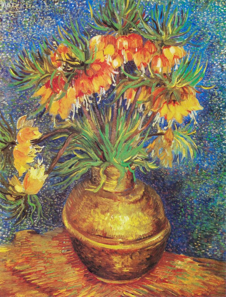 구릿빛 화병에 만개한 황금빛 왕관의 생명력, 구리 화병의 왕관패모 Fritillaries in a Copper Vase