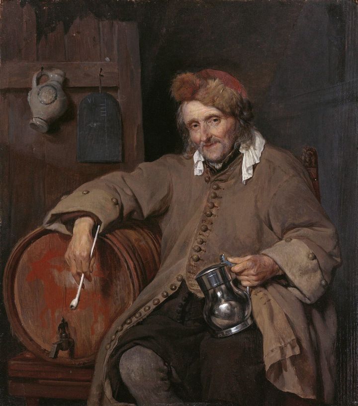 오크통에 기댄 노인의 푸근한 미소와 은빛 잔, 술 마시는 늙은이 The Old Drinker