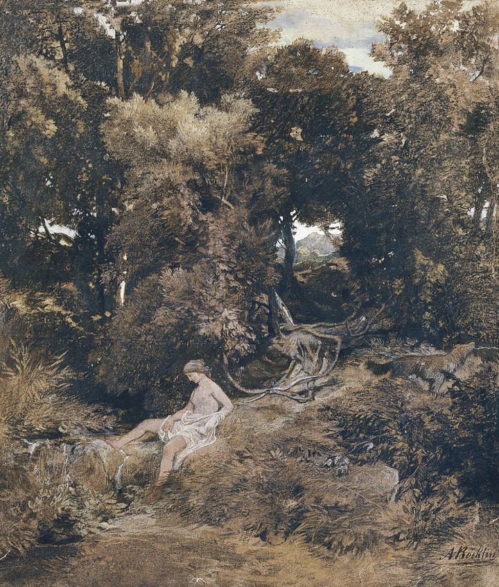 깊은 숲속 샘가에 내려앉은 고요한 휴식, 샘가의 님프 Nymphe an einem Brunnen