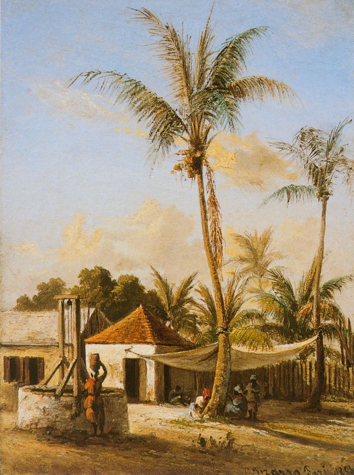 우물가 근처 마을에서 휴식을 취하는 사람들 (Personnages se reposant dans un village près d'un puits, 1856)