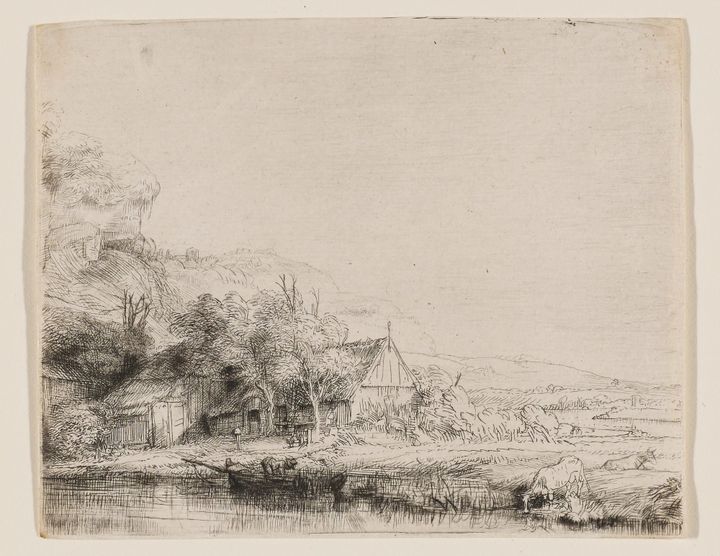 언덕 아래 농가와 물 마시는 소가 있는 풍경 (Cottage with a White Palisade / Landscape with a Canal and a Cow Drinking)