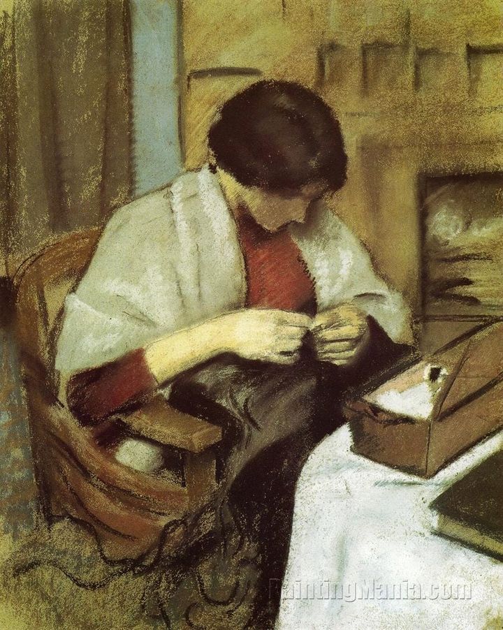 바느질하는 엘리자베트 게르하르트 (Elisabeth Gerhardt, nähend / Elisabeth Gerhardt Sewing, 1909)