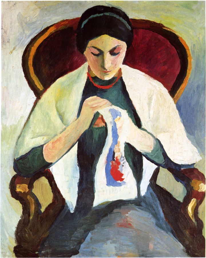 안락의자에서 자수를 놓는 여인 (Stickende Frau im Sessel / Embroidering Woman in an Armchair, 1909)