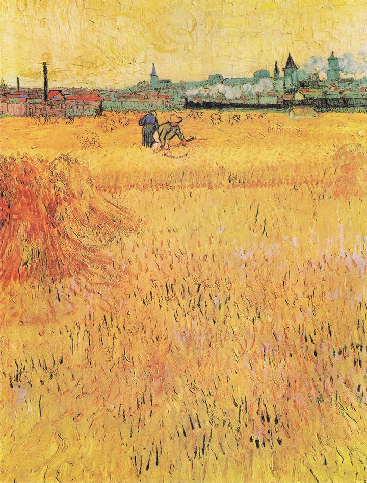 아를 풍경이 보이는 밀밭 - Wheat Field with Sheaves and Arles in the Background