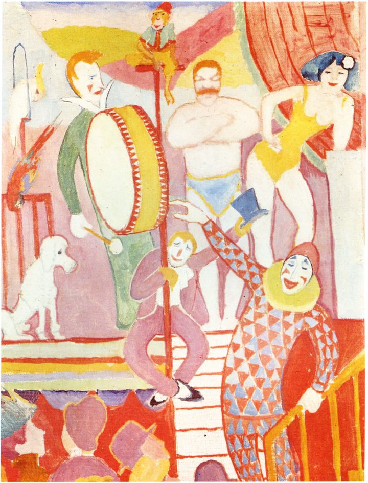 서커스 그림 II: 운동선수 커플, 클라운, 원숭이 (Zirkusbild II: Athletenpaar, Clown, Affe, 1911)