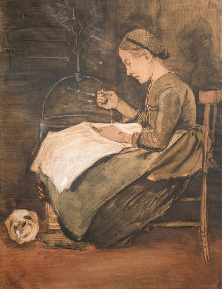 바느질하는 시엔과 고양이 Woman sewing and cat