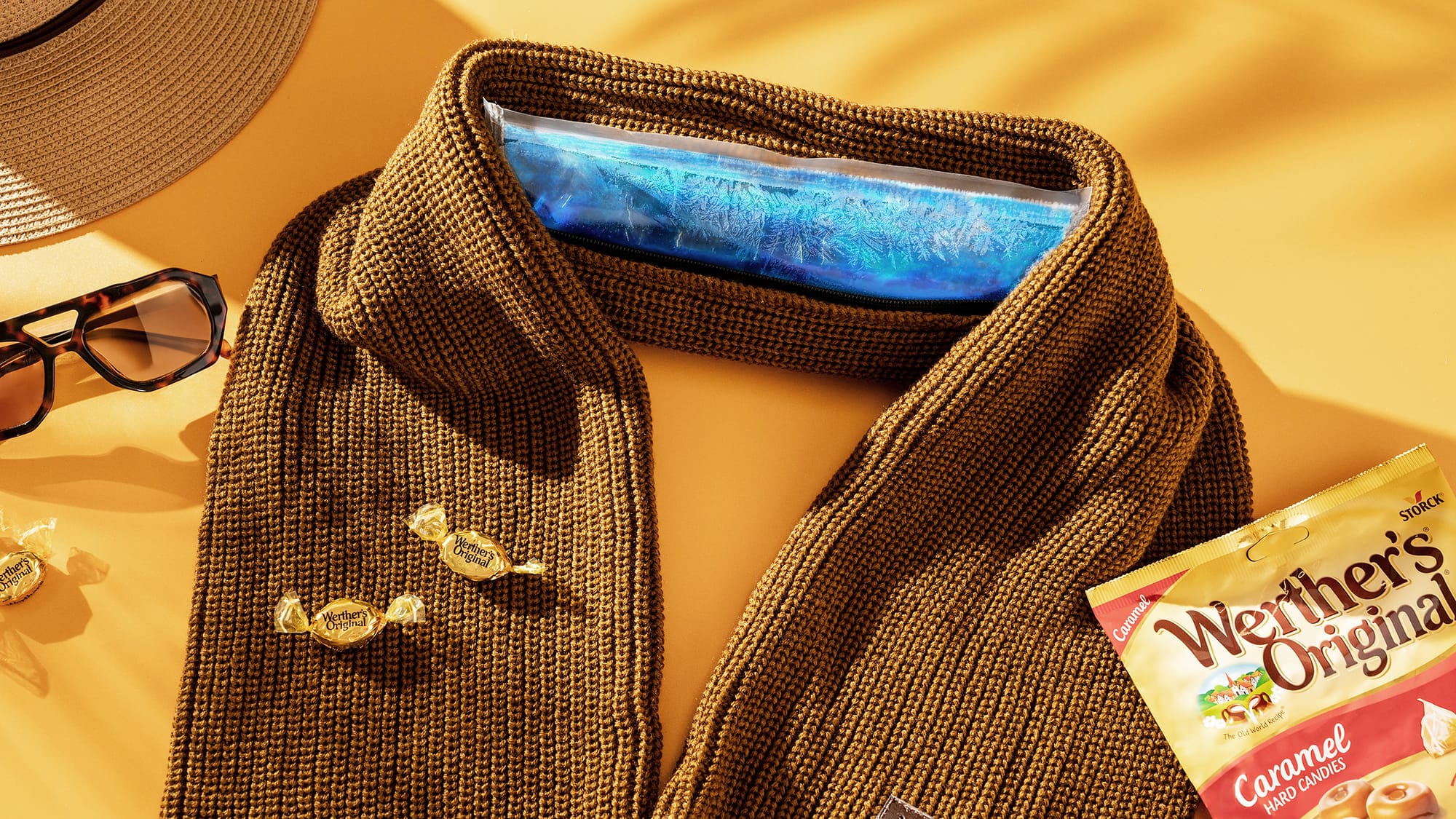 Werther’s Original Cozy Cooling Scarf. Sunglasses and hat are not included.