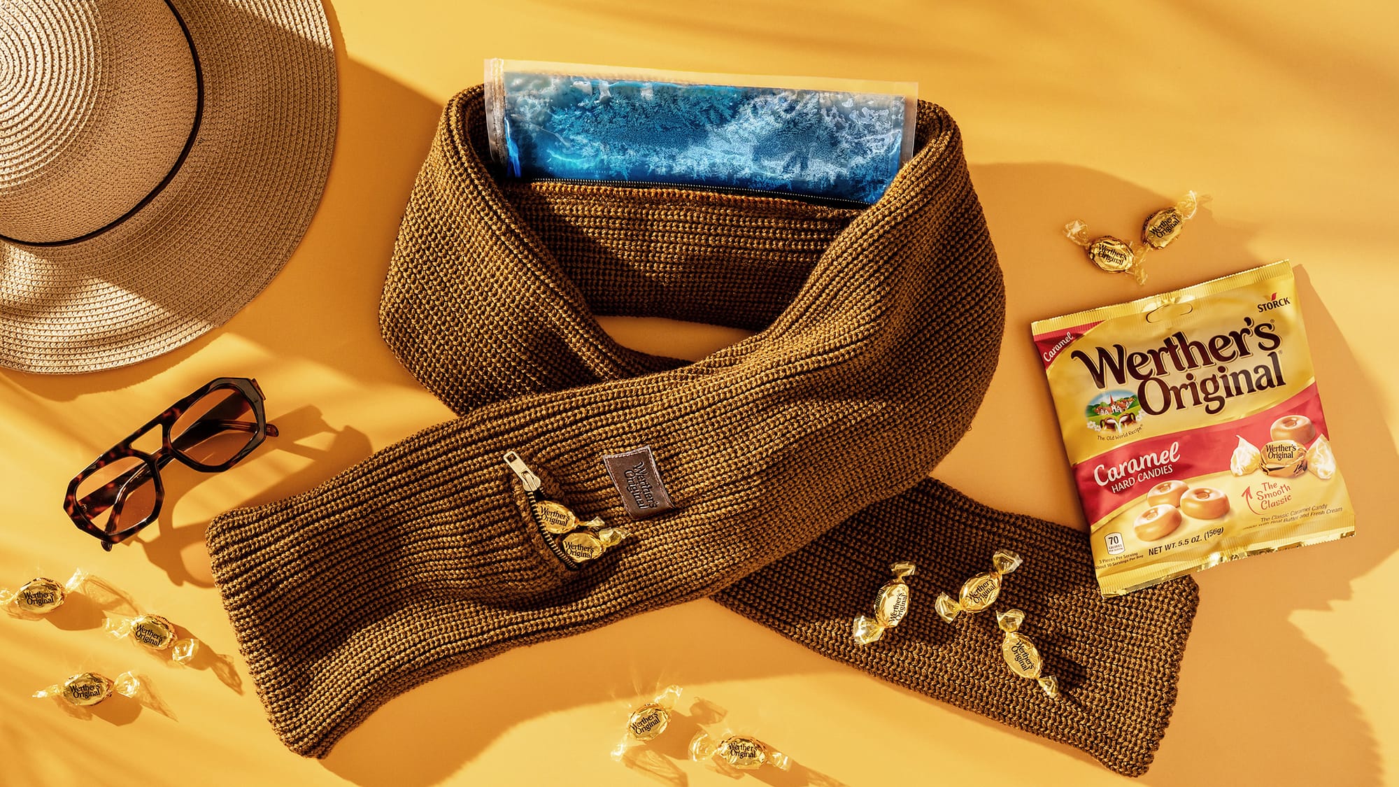 Werther’s Original Cozy Cooling Scarf. Sunglasses and hat are not included.