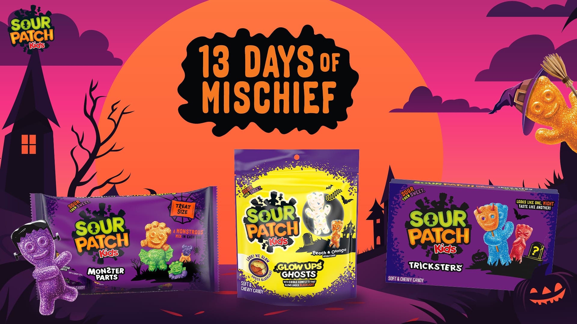 SOUR PATCH KIDS is dialing up the Halloween mischief with Glow Ups Ghosts, Monster Parts and Tricksters candies.