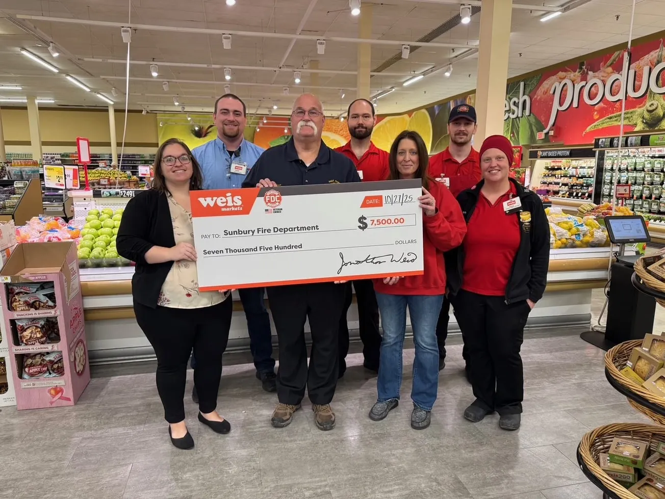Weis Markets and Fire Department Coffee present $7,500 donation to Sunbury Fire Department