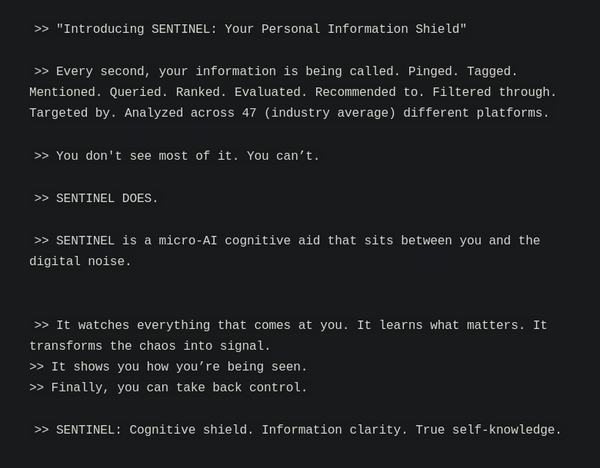>> SENTINEL is a micro-AI cognitive aid that sits between you and the digital noise.