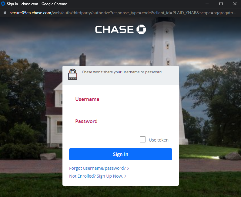 Chase login page for OAuth2.0 authorization code flow