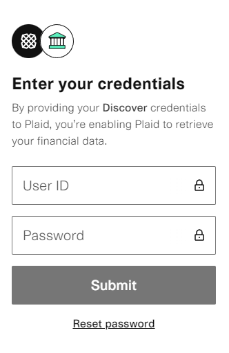 Screenshot of username/password login for YNAB through Plaid when linking a bank