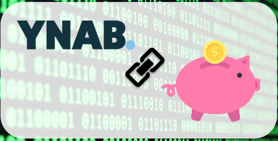 YNAB account linking with piggy bank picture over stereotypical coder/hacker background