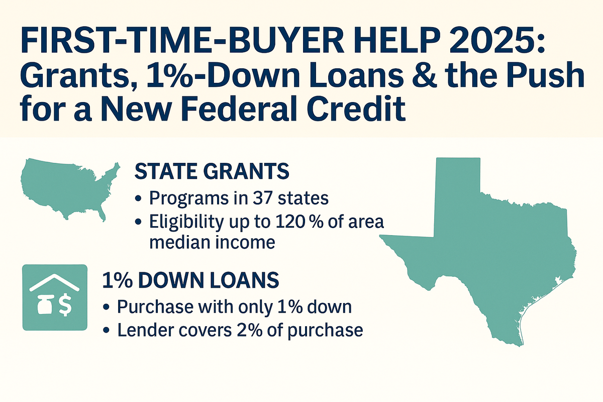 First‑Time‑Buyer Help 2025: Grants, 1 %‑Down Loans & the Push for a New Federal Credit