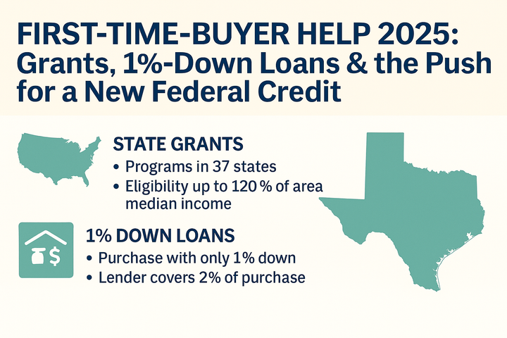 First‑Time‑Buyer Help 2025: Grants, 1 %‑Down Loans & the Push for a New Federal Credit