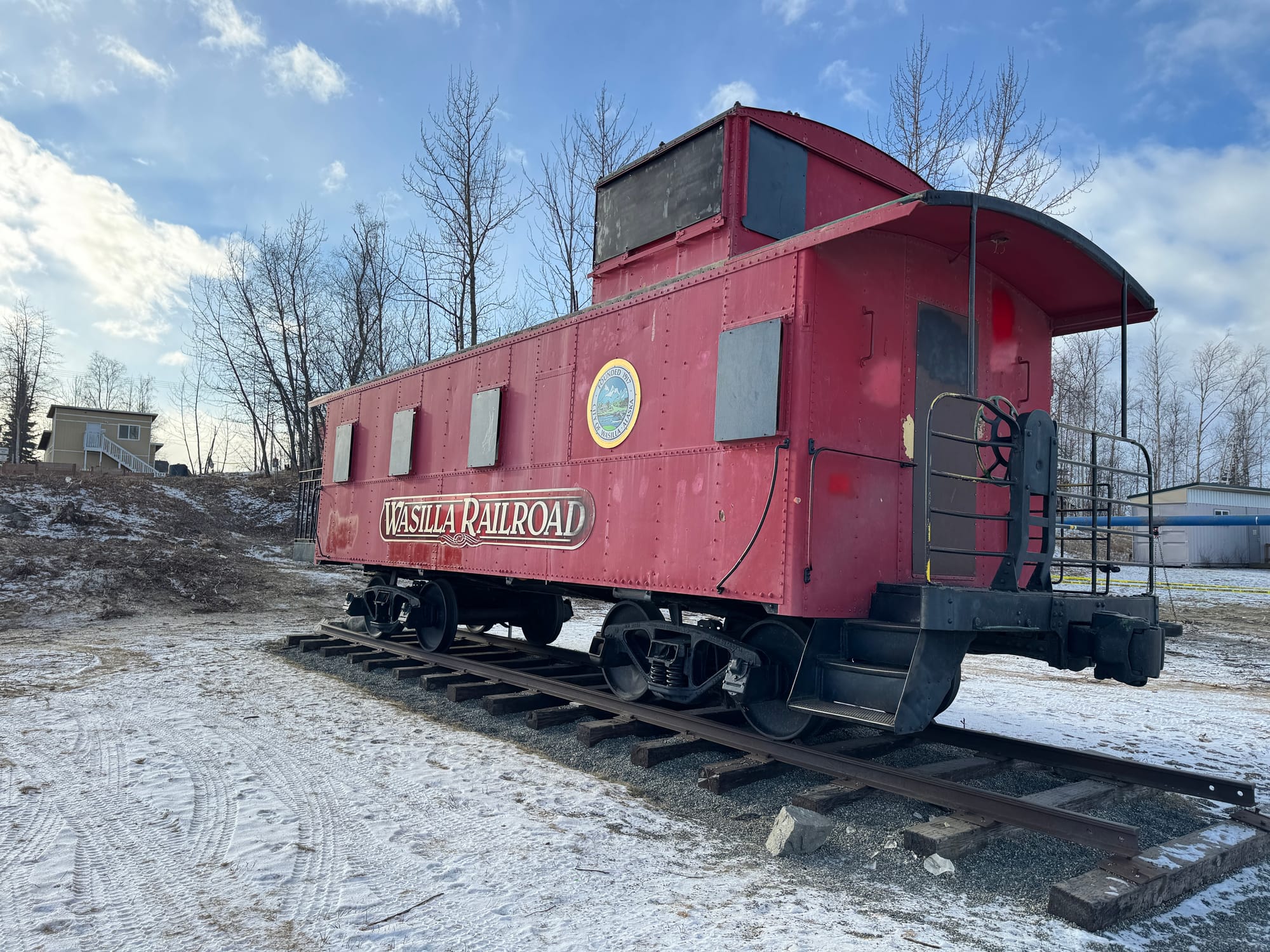A "Wasilla Railroad" caboose donated to the city by McDonald's