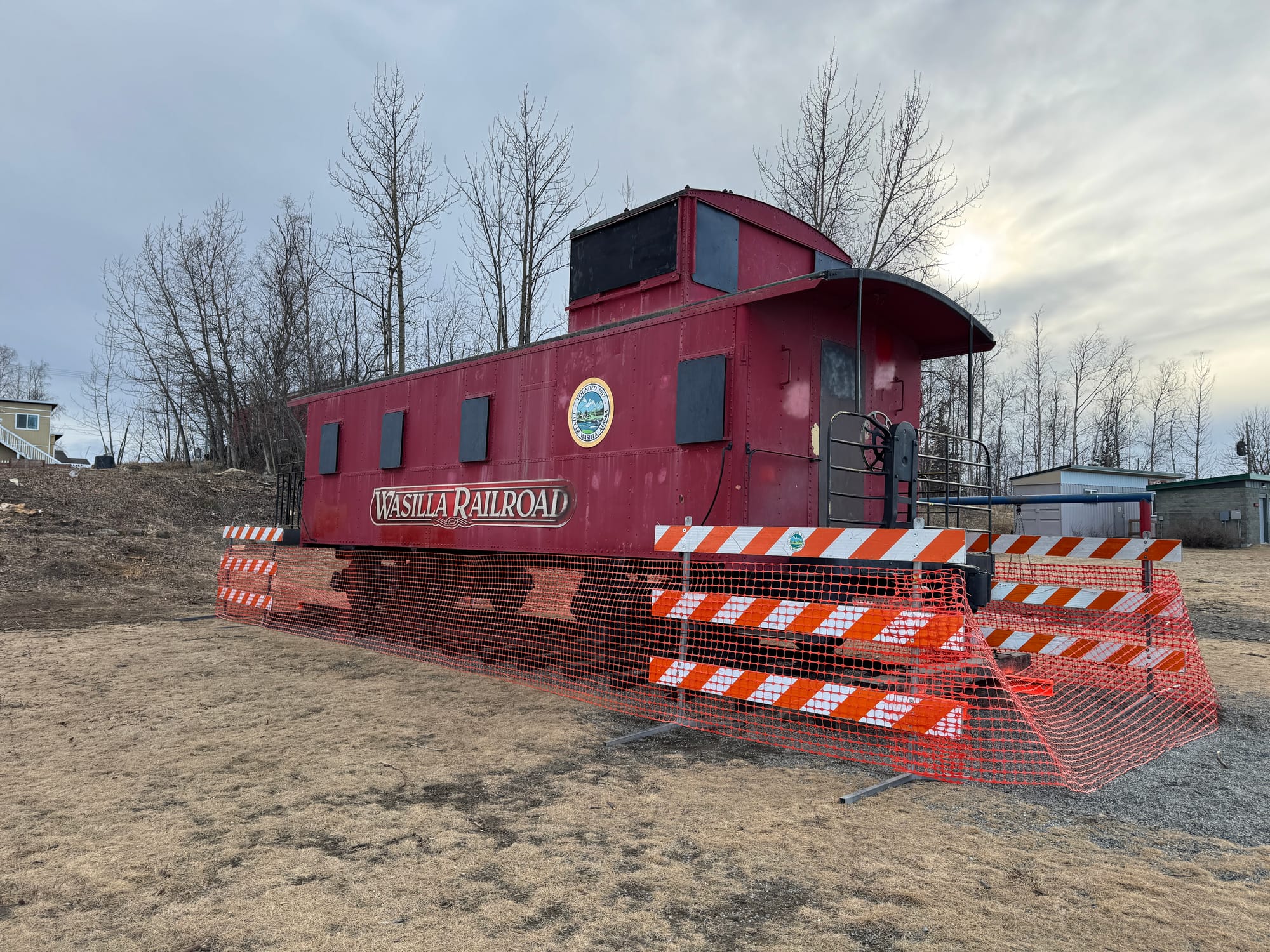 A "Wasilla Railroad" caboose in Nunley Park was blocked off
