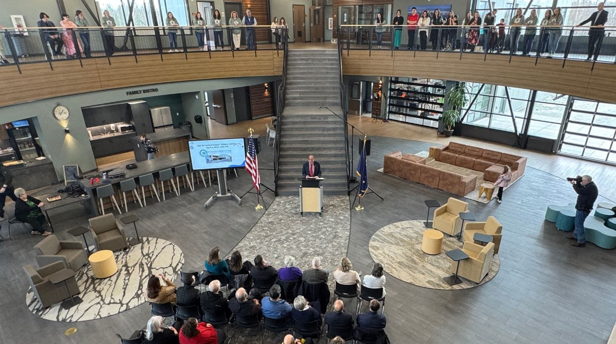 Matanuska-Susitna School District Superintendent Randy Trani speaks during a ribbon-cutting ceremony at Mat-Su Central school