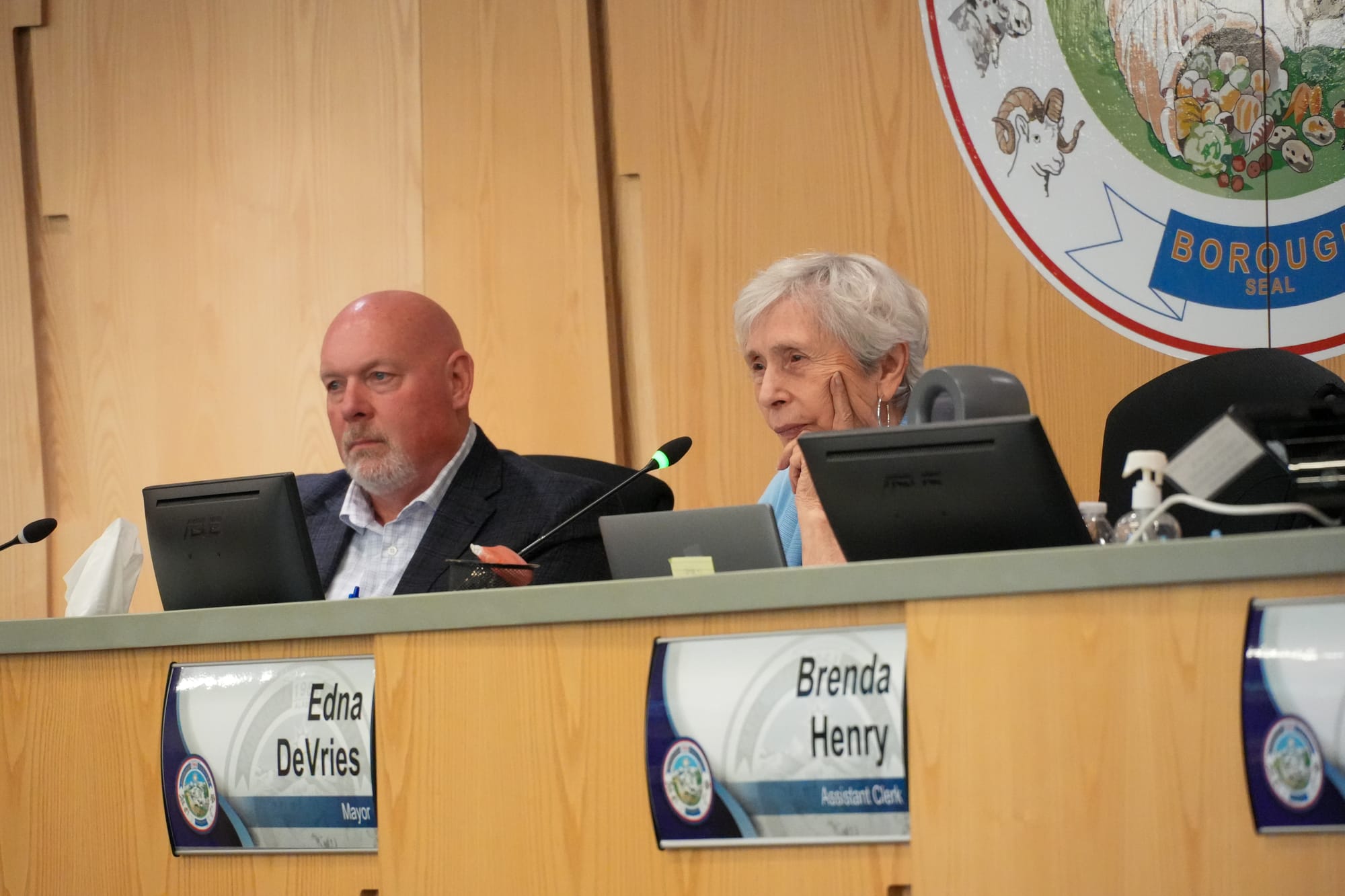Matanuska-Susitna Borough Manager Mike Brown and Mayor Edna Devries listen to public comment 