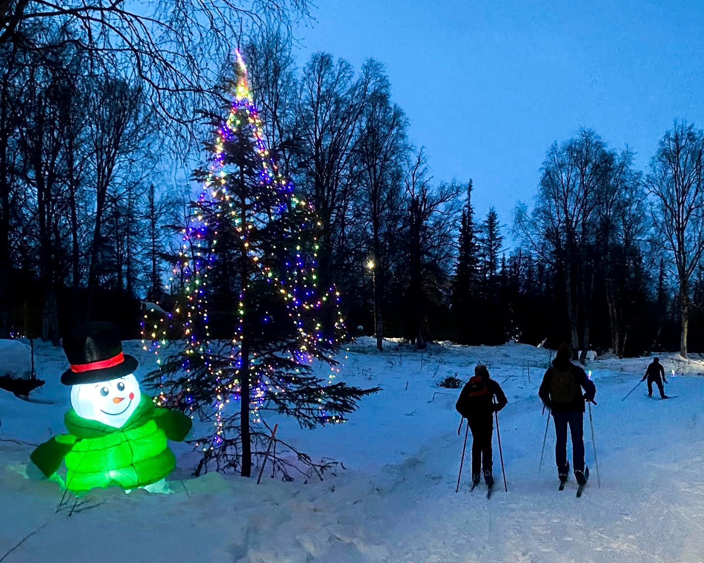 Skiers pass decorations at Government Peak Recreation Area