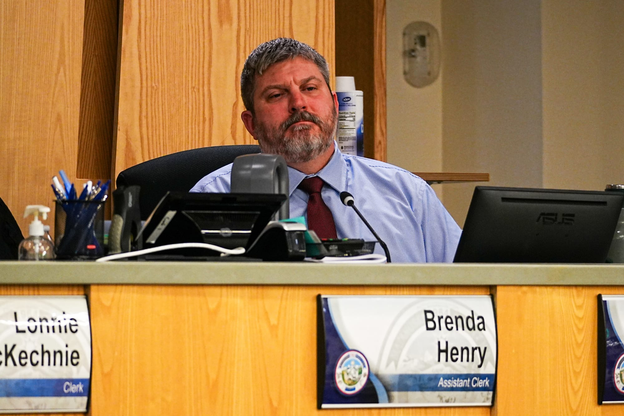 Matanuska-Susitna Borough Assembly member Michael Bowles listens to public comment