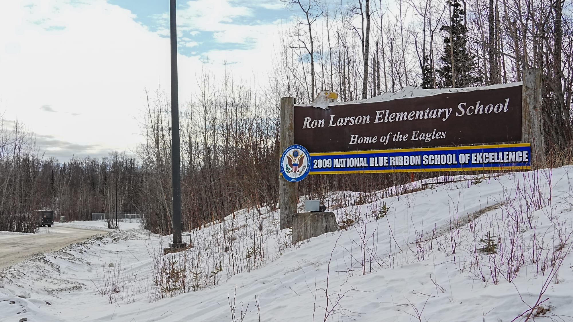 A sign near the entry of Larson Elementary School on Feb. 23, 2026.
